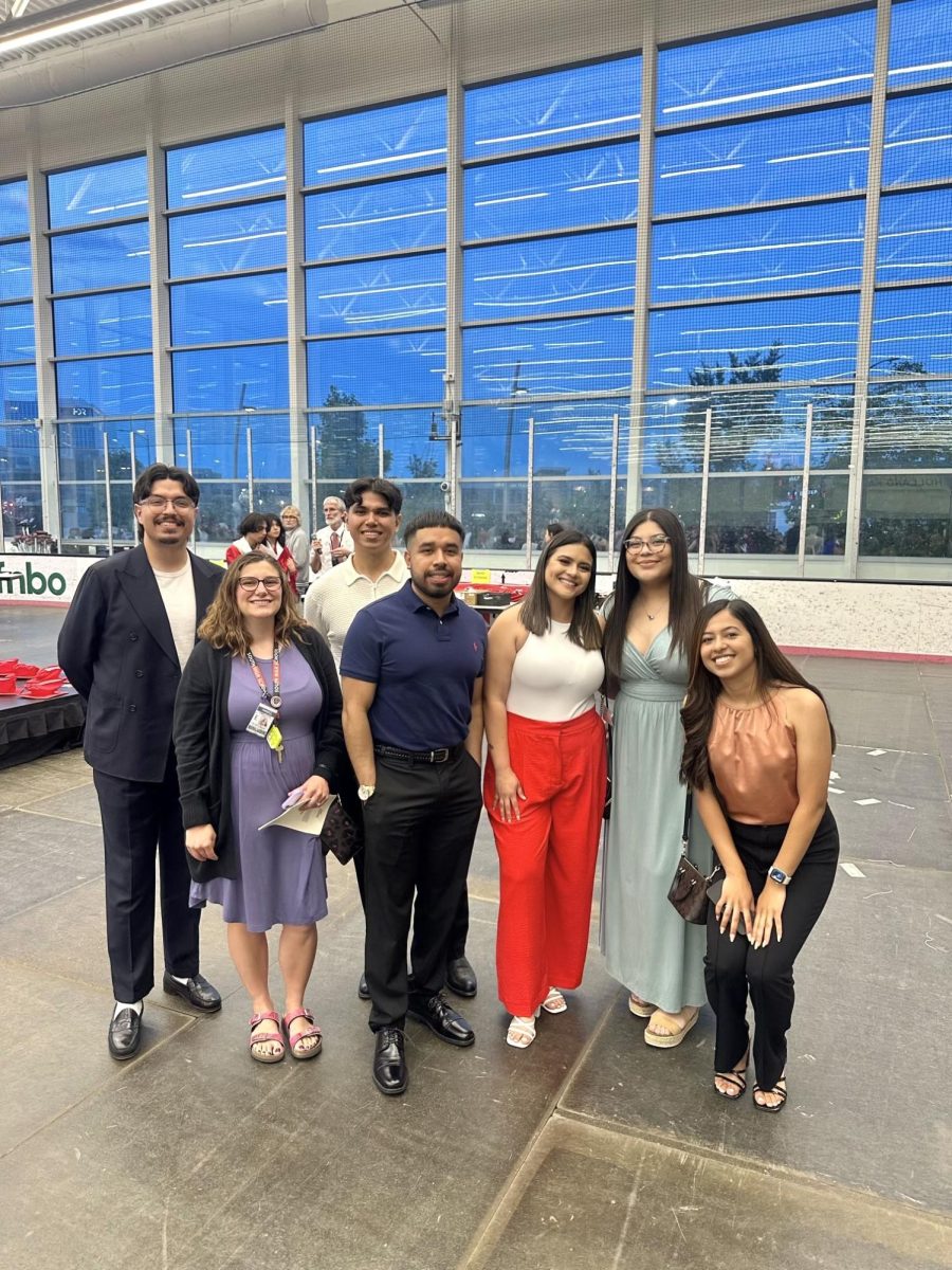 Andrea Magaña Chávez attends a South graduation with other instructors, above, and adds that she enjoys teaching ninth grade.